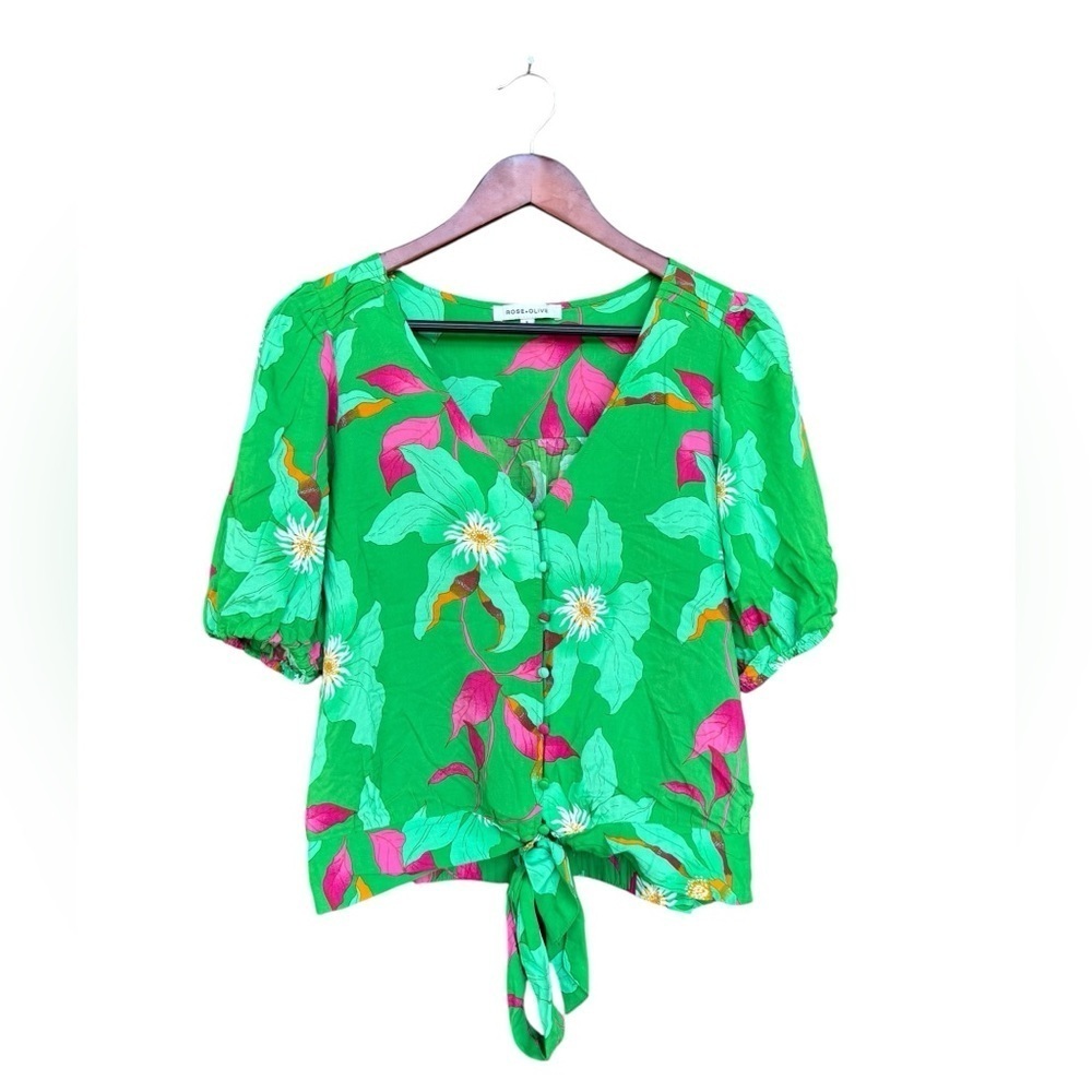 Rose & Olive Green Floral Tie-Front Blouse